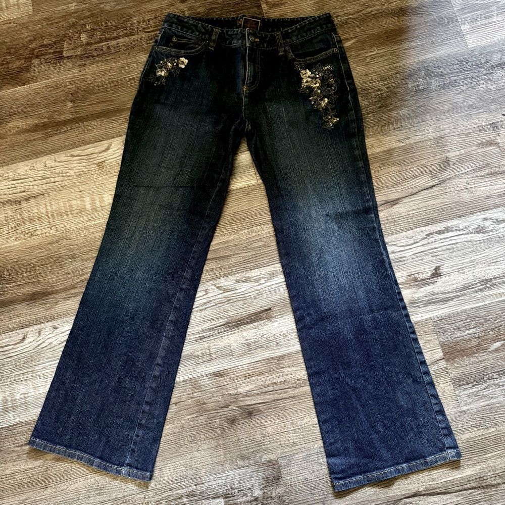 Ann Taylor Dark Blue Bootcut Jeans with Gold Sequined Floral Embroidery Size 6